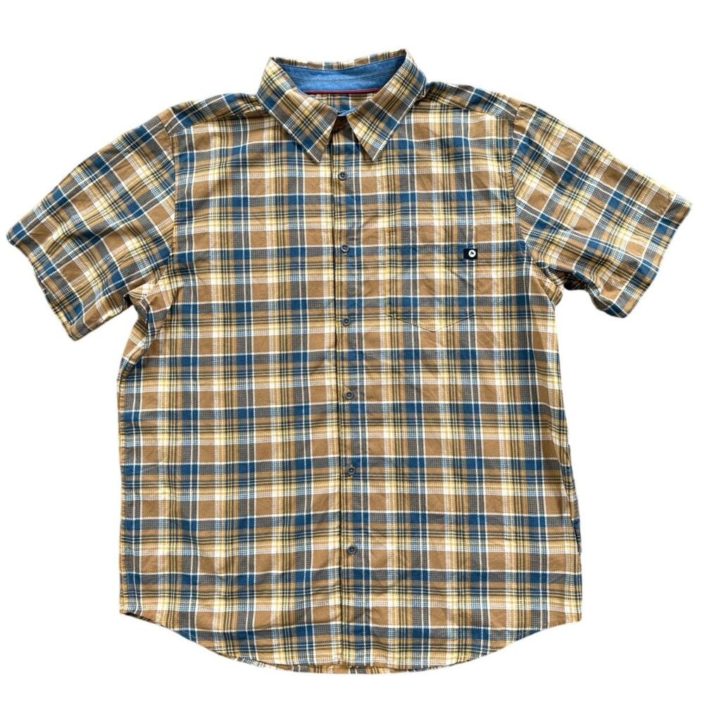 Marmot Men’s Plaid Button Down Yellow Blue Short Sleeve Plaid Shirt Size XL